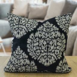 Lynnwood Paisley Cushion Cover in Black. Silver Geometric Floral Pattern. 17x17 - thumbnail 1