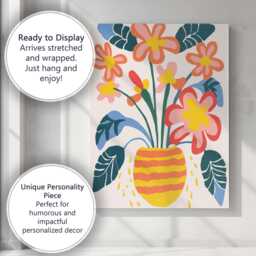 Scandinavian Floral Bouquet in Striped Yellow Vase Tropical Leaf Illustration Canvas Wall Art Print Decor Picture Ready To Hang - thumbnail 3