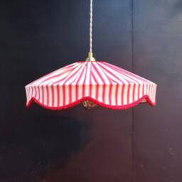 Red Cotton Ticking Circus Big Top Lampshade, Ceiling Or Standard Lamp, Hand Sewn Traditional - thumbnail 2