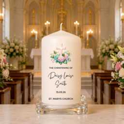 Personalised Christening Candle - Custom Name Date & Church Floral Cross Design Baptism Keepsake Bay Boy Baby Girl Godchild Gift - thumbnail 4