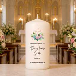 Personalised Christening Candle - Custom Name Date & Church Floral Cross Design Baptism Keepsake Bay Boy Baby Girl Godchild Gift - thumbnail 1