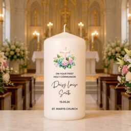 Personalised Christening Candle - Custom Name Date & Church Floral Cross Design Baptism Keepsake Bay Boy Baby Girl Godchild Gift - thumbnail 3