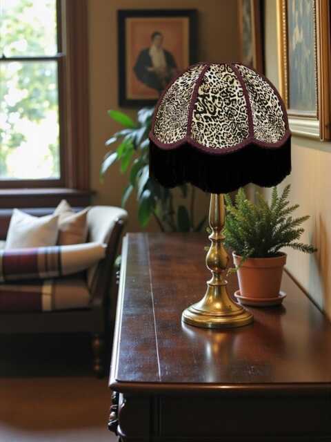 Traditional Handmade Lynx Animal Print Dome Lampshade With Black Fringe, Made in The UK - Animal Fabric Lamp Shades - image 1