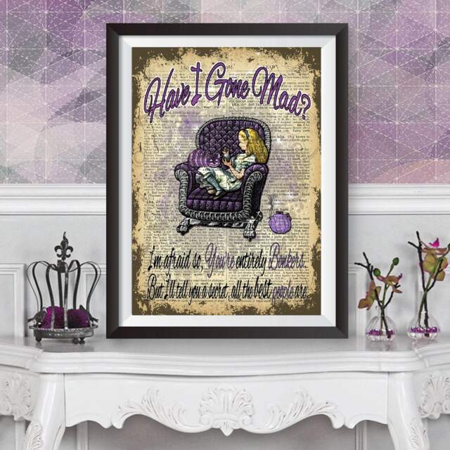 Alice in Wonderland Wall Art, Bonkers Quote, Dictionary Book Artwork Poster, Lewis Carroll Quote, Original Illustration