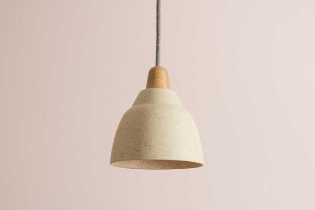 Small Speckled Cream Matt Element Pendant Light in Ceramic & Oak - image 1