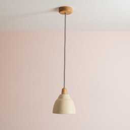 Small Speckled Cream Matt Element Pendant Light in Ceramic & Oak - thumbnail 2