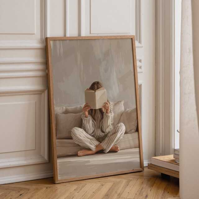 Bookish Wall Art - Woman Sat On Sofa Reading Print Book Lover Poster Botanical Scandinavian - image 1