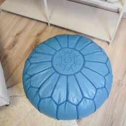 Artisanal Leather Pouffe - Handmade Leather Pouf Delivered Stuffed Ottoman, Footstool, Floor Cushion - Turquoise - thumbnail 2