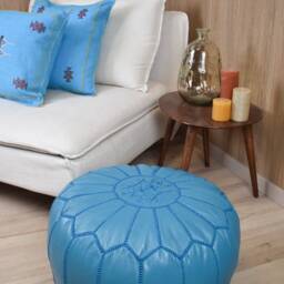Artisanal Leather Pouffe - Handmade Leather Pouf Delivered Stuffed Ottoman, Footstool, Floor Cushion - Turquoise - thumbnail 4