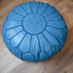 Artisanal Leather Pouffe - Handmade Leather Pouf Delivered Stuffed Ottoman, Footstool, Floor Cushion - Turquoise - thumbnail 3