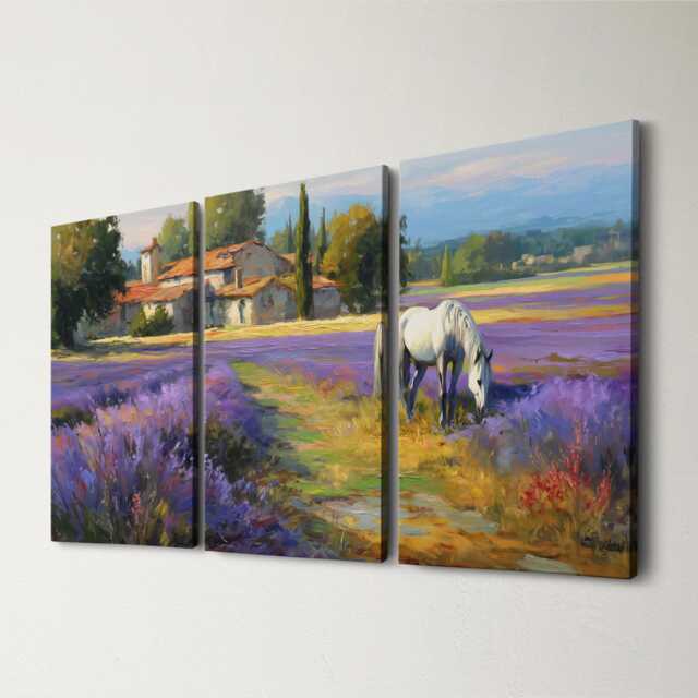 Horse in Lavender Field 3 Panel Split Canvas Wall Art Animal Landscape French Countryside Farmhouse Oil Painting Framed Home Decor - image 1