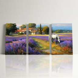 Horse in Lavender Field 3 Panel Split Canvas Wall Art Animal Landscape French Countryside Farmhouse Oil Painting Framed Home Decor - thumbnail 3