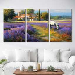 Horse in Lavender Field 3 Panel Split Canvas Wall Art Animal Landscape French Countryside Farmhouse Oil Painting Framed Home Decor - thumbnail 2