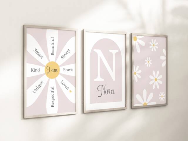 Girls Personalised Daisy Flower Prints A4 Or A3 Nursery Set Of Unframed Pink Grey Flowers Floral Ditsy Affirmation Quote - image 1