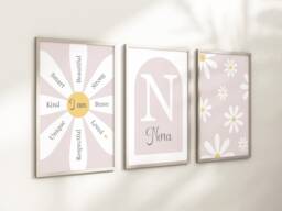 Girls Personalised Daisy Flower Prints A4 Or A3 Nursery Set Of Unframed Pink Grey Flowers Floral Ditsy Affirmation Quote - thumbnail 1