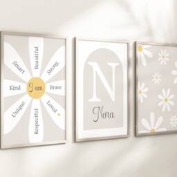 Girls Personalised Daisy Flower Prints A4 Or A3 Nursery Set Of Unframed Pink Grey Flowers Floral Ditsy Affirmation Quote - thumbnail 2