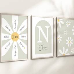 Girls Personalised Daisy Flower Prints A4 Or A3 Nursery Set Of Unframed Pink Grey Flowers Floral Ditsy Affirmation Quote - thumbnail 3