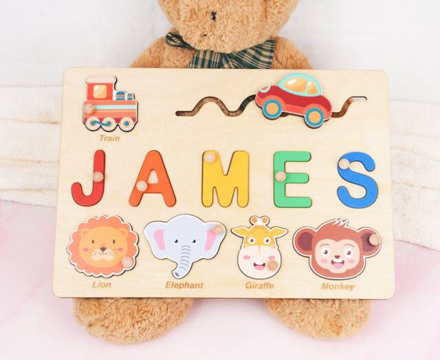 Wooden Name Puzzle, Custom Busy Board Personalized Baby Boy Gift, Thanksgiving 3 Years Old Kids Montessori Toy, 3rd Birthday - image 1