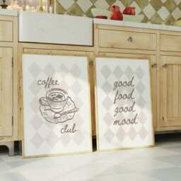 Coffee Club & Good Food Prints Beige Checkered Kitchen Art Set - thumbnail 1