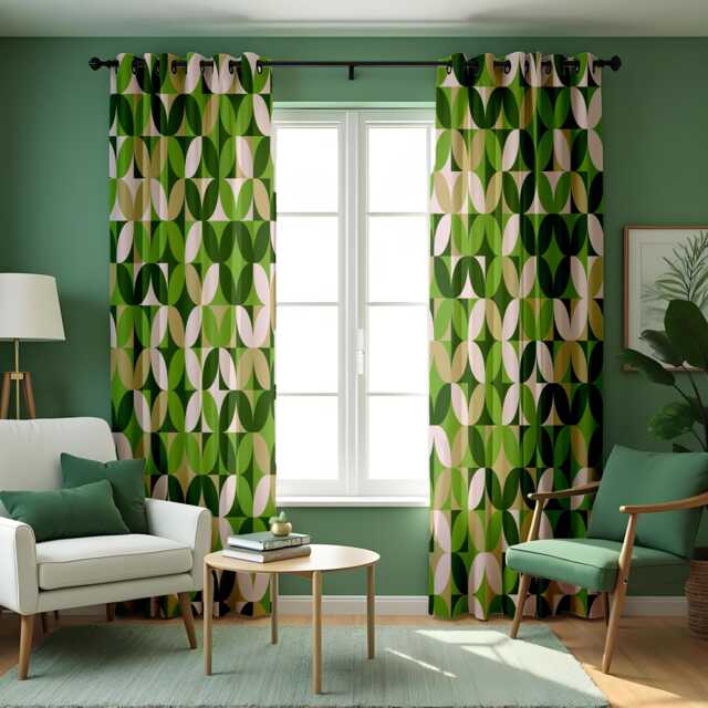 Green Geometric Curtains, Retro Mid Century Pattern Custom Made Drapes, Eyelet Or Rod Pocket Panels - image 1