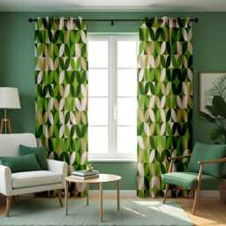 Green Geometric Curtains, Retro Mid Century Pattern Custom Made Drapes, Eyelet Or Rod Pocket Panels - thumbnail 1