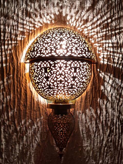 Moroccan Wall Sconce - Antique Brass Lamp Artisan Lighting Boho & Mediterranean Decor - image 1