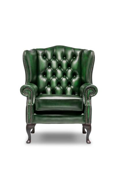 Chesterfield High Back Wing Chair in Antique Green Leather - image 1