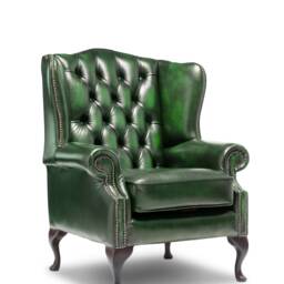 Chesterfield High Back Wing Chair in Antique Green Leather - thumbnail 2