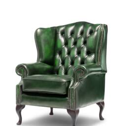 Chesterfield High Back Wing Chair in Antique Green Leather - thumbnail 3
