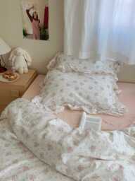 Pink Floral Coquette Lace Trim Cotton Duvet Cover Set - thumbnail 1