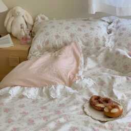 Pink Floral Coquette Lace Trim Cotton Duvet Cover Set - thumbnail 3