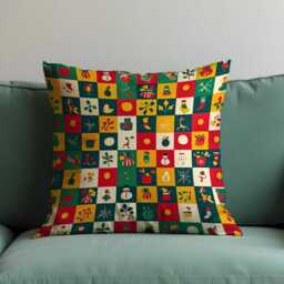 Retro Christmas Icons Cushion Cover, Festive Holiday Patchwork Throw Pillowcase With Snowmen, Gifts & Trees, Fun Seasonal Decor For Sofa - thumbnail 3