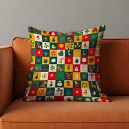 Retro Christmas Icons Cushion Cover, Festive Holiday Patchwork Throw Pillowcase With Snowmen, Gifts & Trees, Fun Seasonal Decor For Sofa