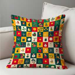 Retro Christmas Icons Cushion Cover, Festive Holiday Patchwork Throw Pillowcase With Snowmen, Gifts & Trees, Fun Seasonal Decor For Sofa - thumbnail 4