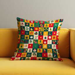 Retro Christmas Icons Cushion Cover, Festive Holiday Patchwork Throw Pillowcase With Snowmen, Gifts & Trees, Fun Seasonal Decor For Sofa - thumbnail 2