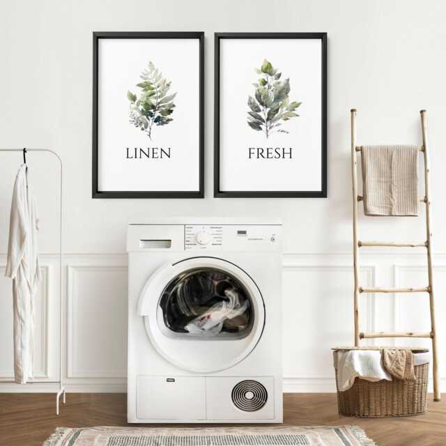 Laundry Room Home Decor Set Of 2 Framed Wall Art Prints, Watercolour Greenery Utility Art, Piece Botanical Linen Fresh Sign - image 1