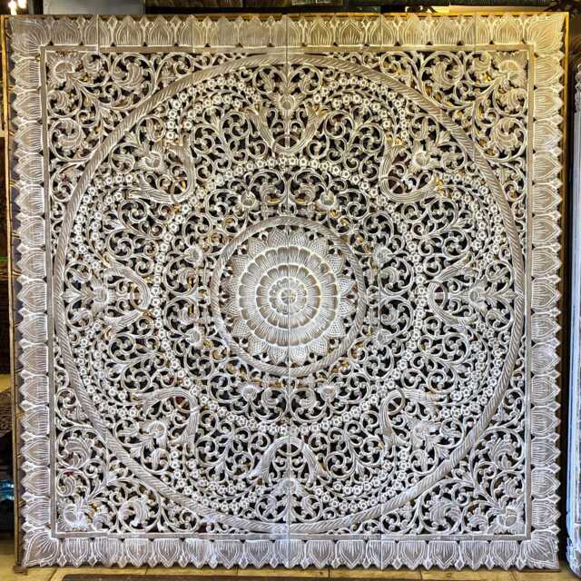 King Size Bed Headboard White Wash Teak Wall Art Panel Large Bohemian Carved Rustic Decorative Mandala Asian Wood