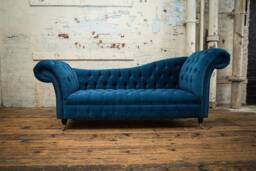 Unique British Handmade Chesterfield Chaise Lounge - Naples Blue Chenille