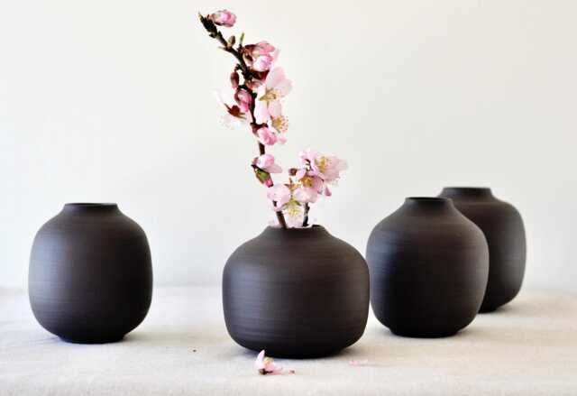 Mini Black Porcelain Moon Jar Vase Handmade Korean Ikebana Vase, Minimalist Japandi Home Decor - image 1