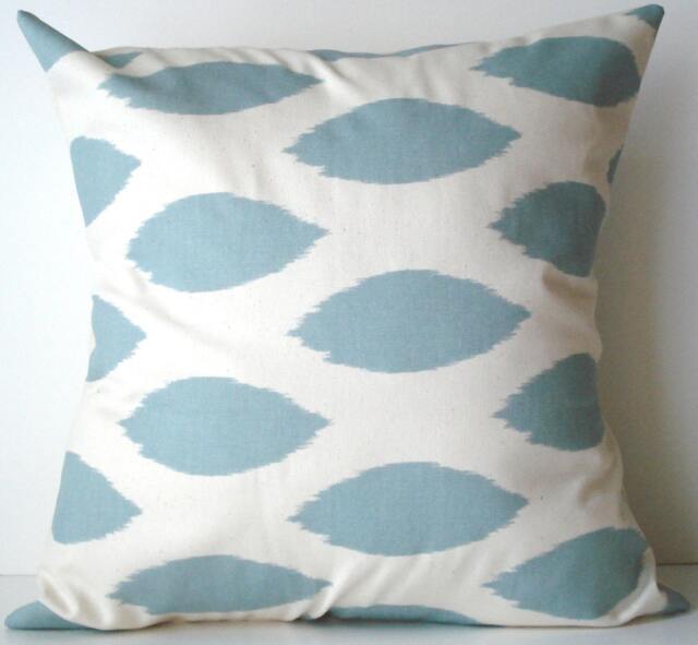 New 18x18 Inch Designer Handmade Pillow Case in Village Blue Ikat On Natural Color Fabric