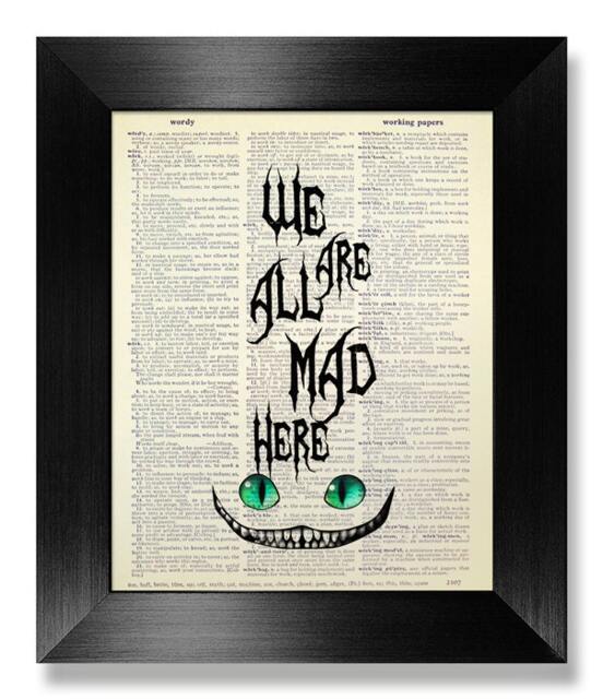 Alice in Wonderland Art Print, Typography Wall Art, Geekery Birthday Gift, Cheshire Cat Poster, Mad Hatter Home Decor - We Are All Here