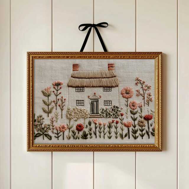 Faux Embroidery Cottage Art Print - English Countryside Wall Textured Floral Poster For Bedroom Or Living Room - image 1