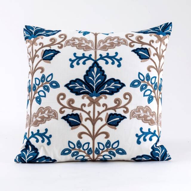 Embroidered Floral Pillow Cover, Fabricut Linen, Blue & Brown - image 1