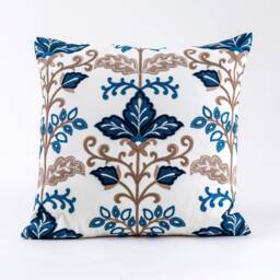 Embroidered Floral Pillow Cover, Fabricut Linen, Blue & Brown - thumbnail 1