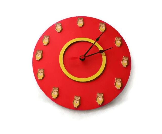 Round Large Red Color Wall Clock, Owl Kids, Home, Wall Art, Children Room, Christmas Gift - image 1