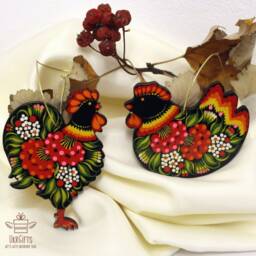 Rrooster & Chicken - Easter Or Christmas Ornaments Set -Ukrainian Petrykivka Painting Wooden Artisan Decorations Handcrafted - thumbnail 3