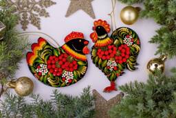 Rrooster & Chicken - Easter Or Christmas Ornaments Set -Ukrainian Petrykivka Painting Wooden Artisan Decorations Handcrafted