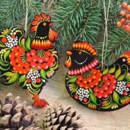 Rrooster & Chicken - Easter Or Christmas Ornaments Set -Ukrainian Petrykivka Painting Wooden Artisan Decorations Handcrafted - thumbnail 2