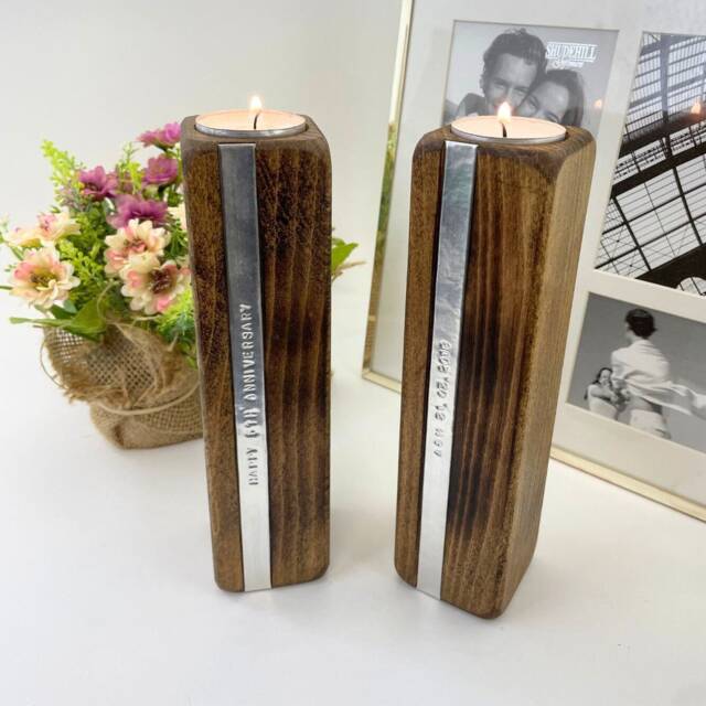 Wooden Candle Tealight Holders - Personalised 5Th Wedding Anniversary Handmade Beech Wood Gift Engagement Present Candlelight - image 1