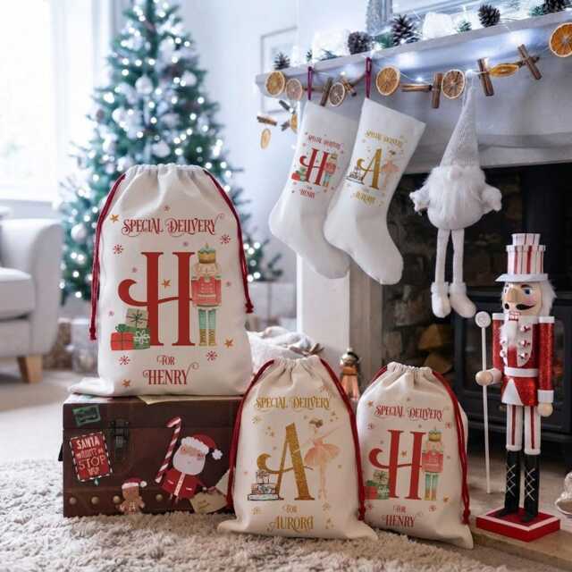 Personalised Nutcracker Christmas Santa Sack, Custom Fairy Stocking, Holiday Linen Gift Bag, Ceramic Bauble - image 1